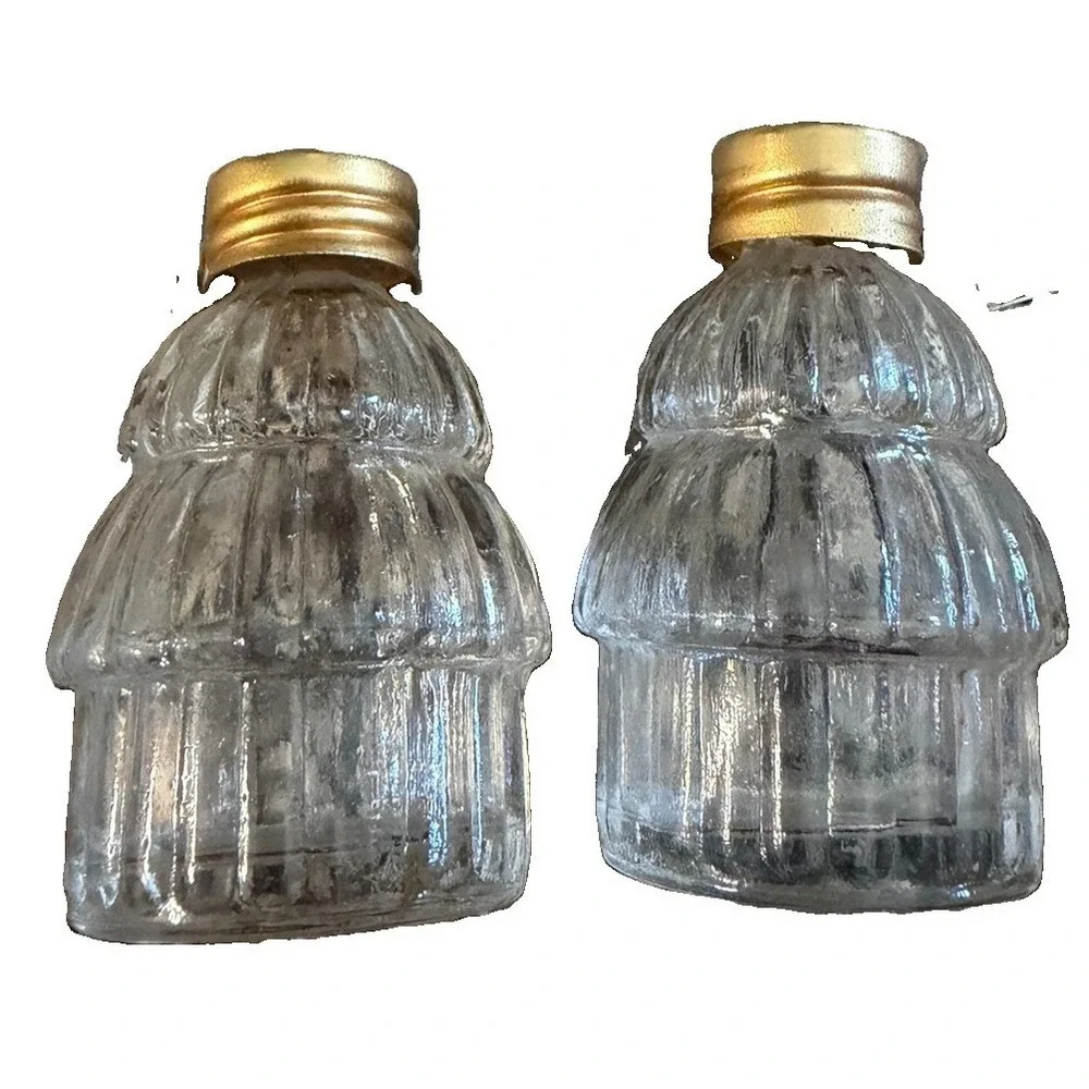 Vintage Mini Clear Glass Beehive Salt Pepper Shakers Gold Tone Lids Set of 2